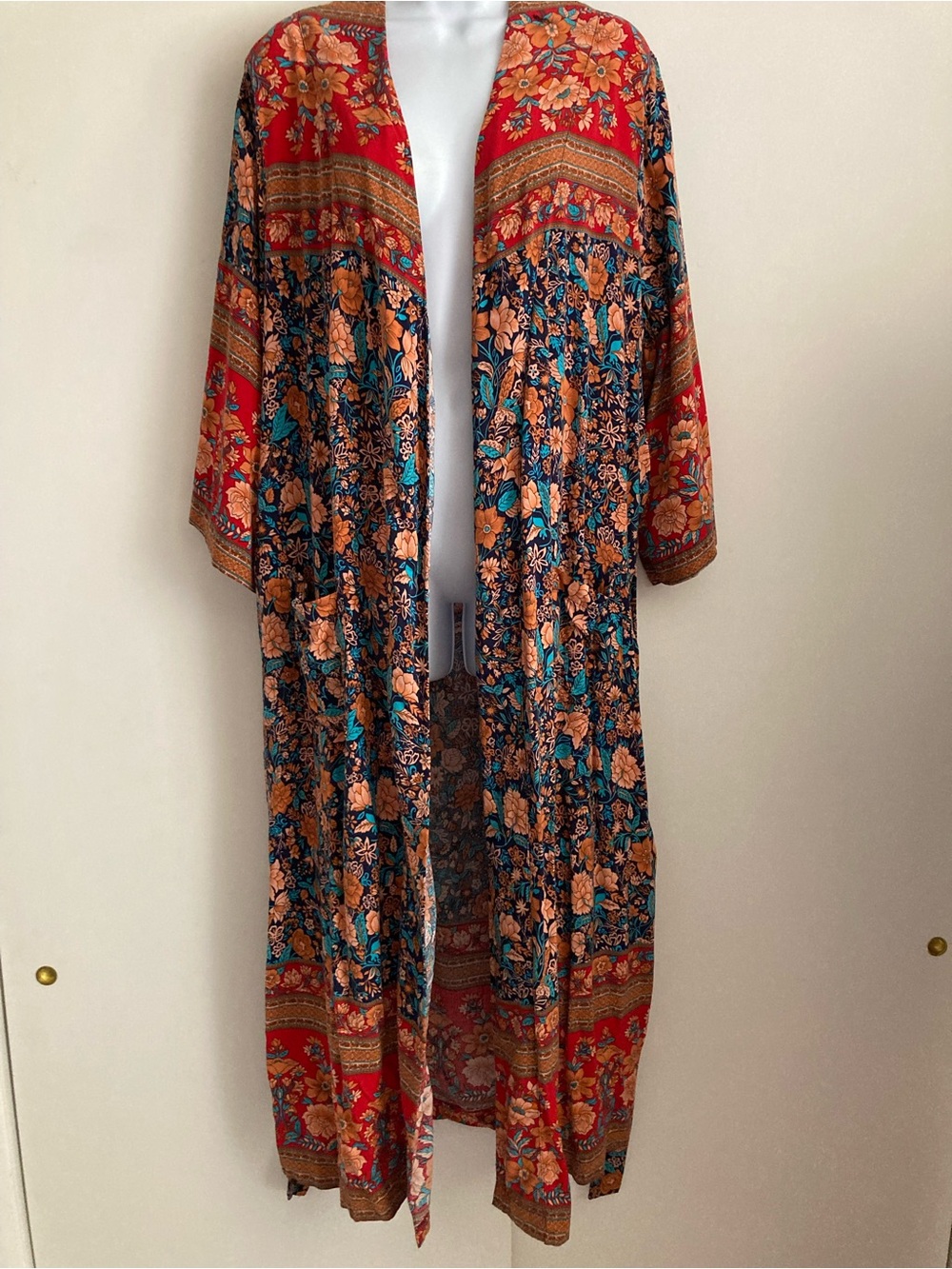 Natural Life Multicolored Floral Bohemian Tie Robe Duster Kimono Cardigan, L/XL